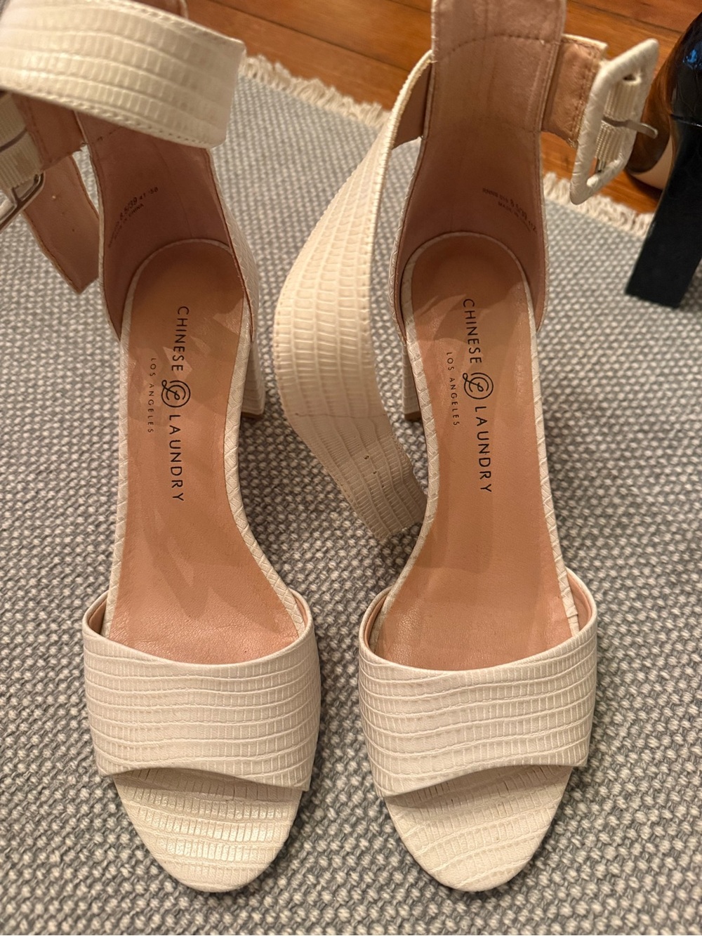Chinese Laundry Cream Textured Block Heel Sandals with Ankle Strap